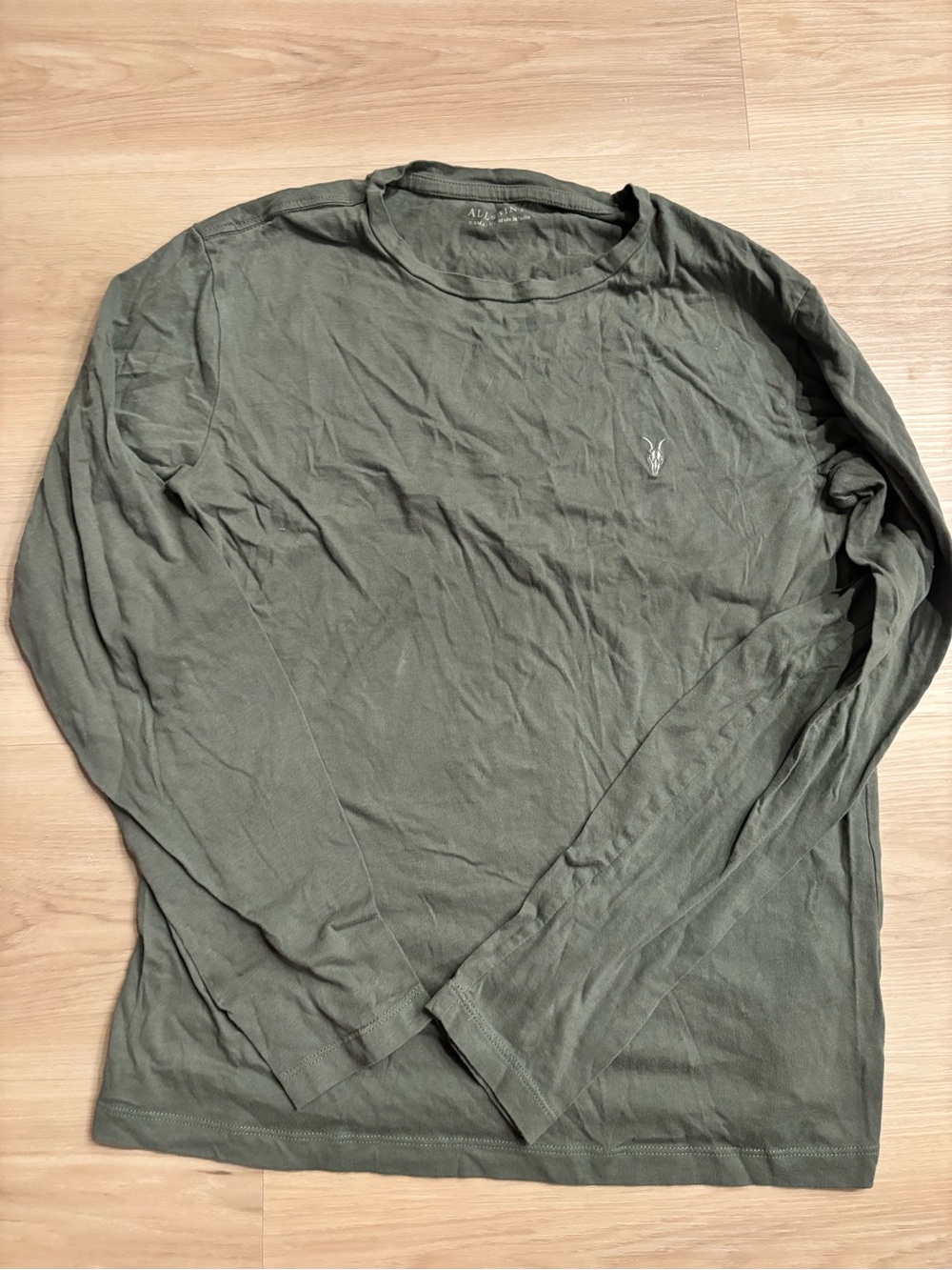 All Saints Men's Long-Sleeve Crew Neck Shirt in Olive Green